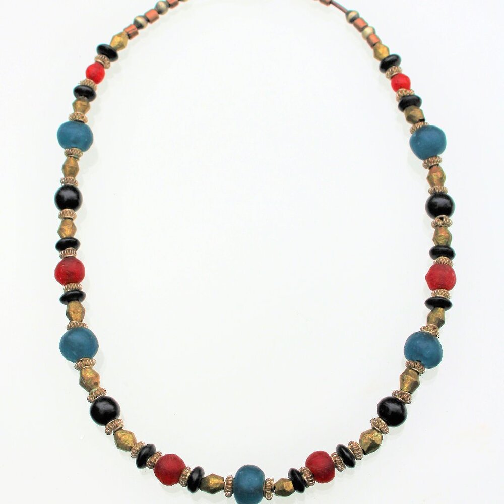 Blue 10 mm, & Red 8 mm Glass Beads, with 8 mm Black Horn Bead
